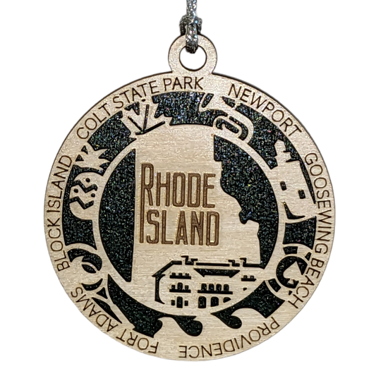 Rhode Island State Pride 3D Wood Laser Cut Ornament: Featuring Iconic Rhode Island Symbols and Custom Background Colors