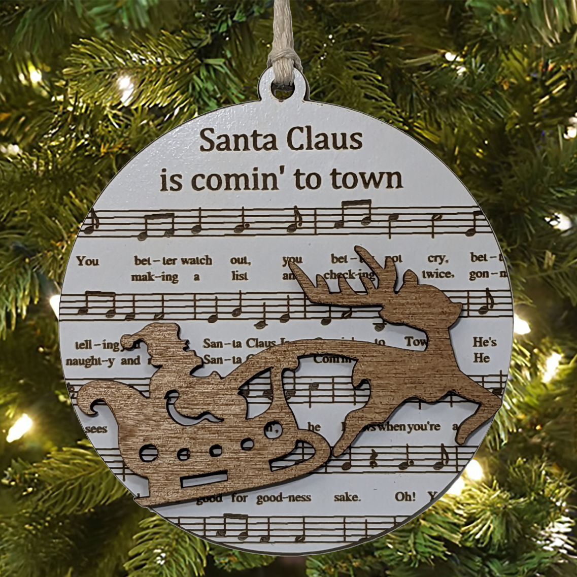 3.5" Santa Claus Is Coming To Town Laser Engraved Christmas Ornament - Musical Sheet Music Holiday Decor - Festive Xmas Gift for Music Lovers