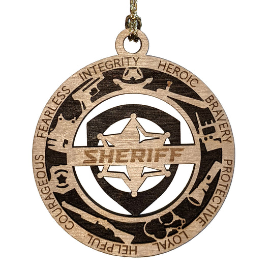 3" Laser Cut Handcrafted Wooden Sheriff Christmas Ornament with Cut Background - Custom Law Enforcement Holiday Decor