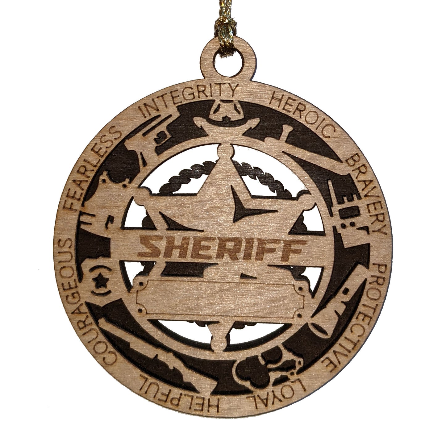3" Laser Cut Handcrafted Wooden Personalized Sheriff Christmas Ornament with Cut Background - Custom Law Enforcement Holiday Decor