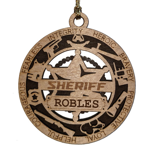 3" Laser Cut Handcrafted Wooden Personalized Sheriff Christmas Ornament with Cut Background - Custom Law Enforcement Holiday Decor