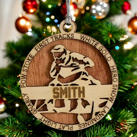 3" Laser Cut Handcrafted Wooden Personalized Snowmobiling Christmas Ornament - Unique Holiday Decor, Customizable Snowmobile Winter Sport Keepsake for Snowmobilers - Rustic Wood Tree Decoration