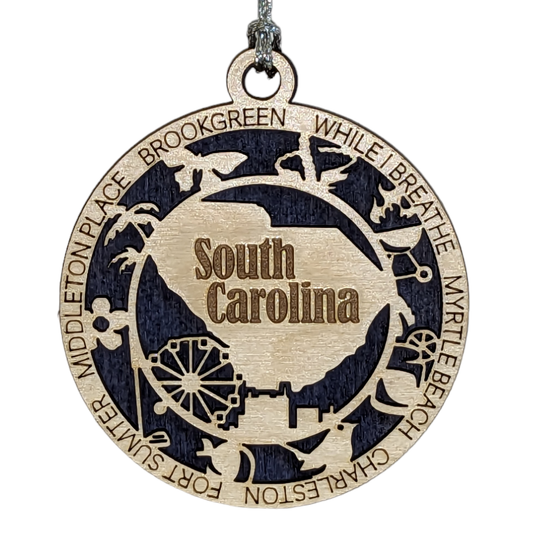 South Carolina State Pride 3D Wood Laser Cut Ornament: Featuring Iconic South Carolina Symbols and Custom Background Colors