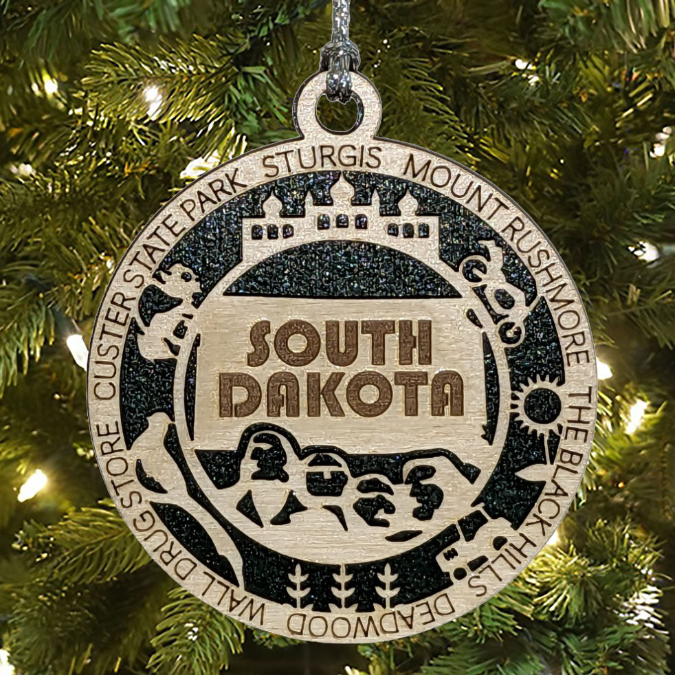 South Dakota State Pride 3D Wood Laser Cut Ornament: Featuring Iconic South Dakota Symbols and Custom Background Colors