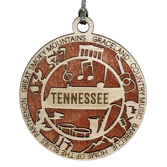 Tennessee State Pride 3D Wood Laser Cut Ornament: Featuring Iconic Tennessee Symbols and Custom Background Colors