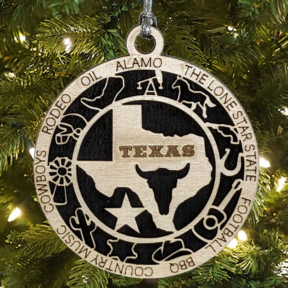 Texas State Pride 3D Wood Laser Cut Ornament: Featuring Iconic Texas Symbols and Custom Background Colors