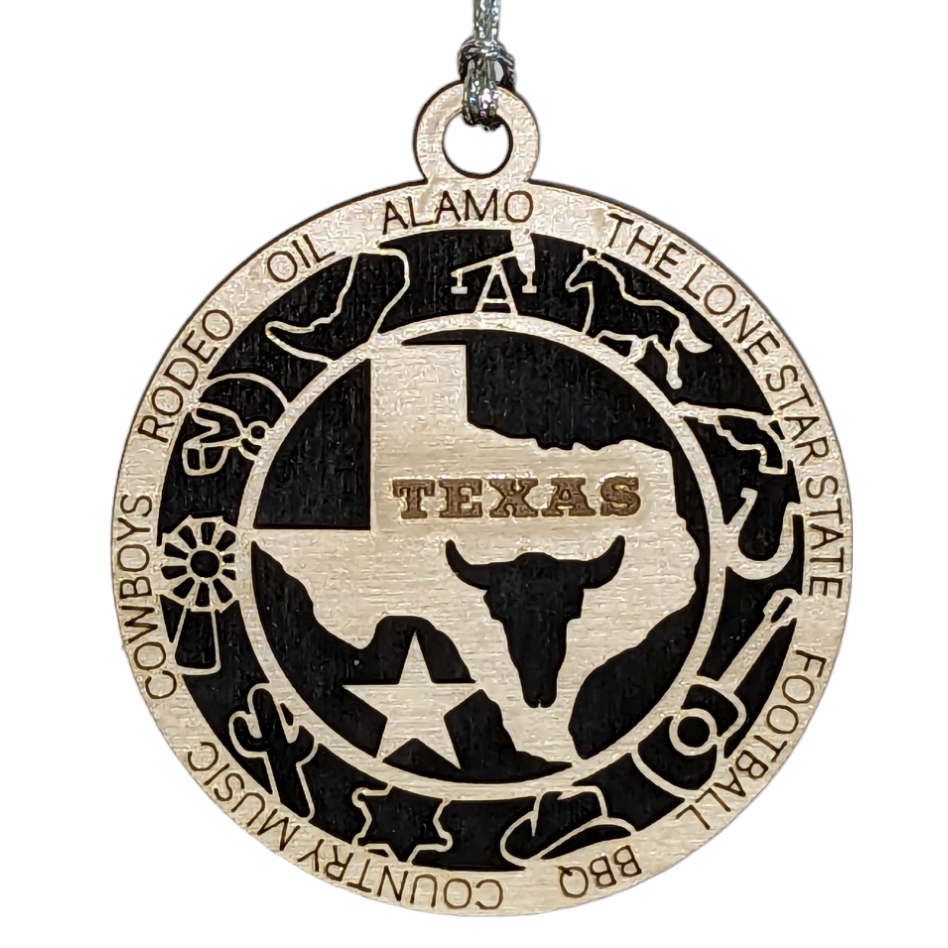 Texas State Pride 3D Wood Laser Cut Ornament: Featuring Iconic Texas Symbols and Custom Background Colors