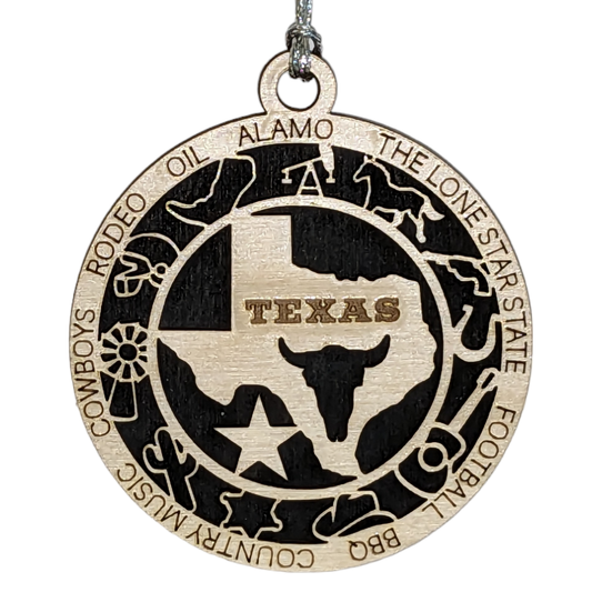 Texas State Pride 3D Wood Laser Cut Ornament: Featuring Iconic Texas Symbols and Custom Background Colors