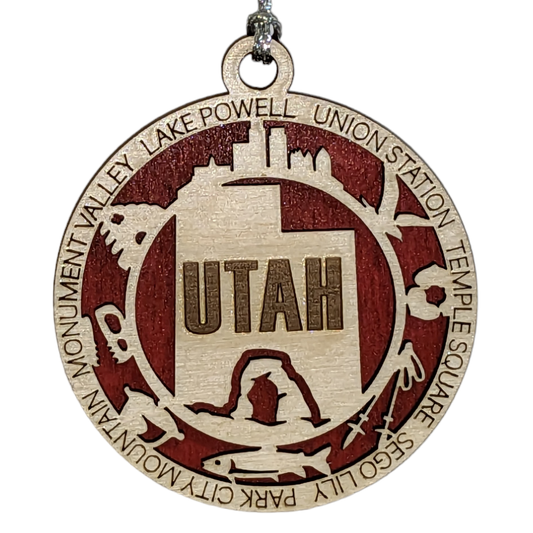 Utah State Pride 3D Wood Laser Cut Ornament: Featuring Iconic Utah Symbols and Custom Background Colors