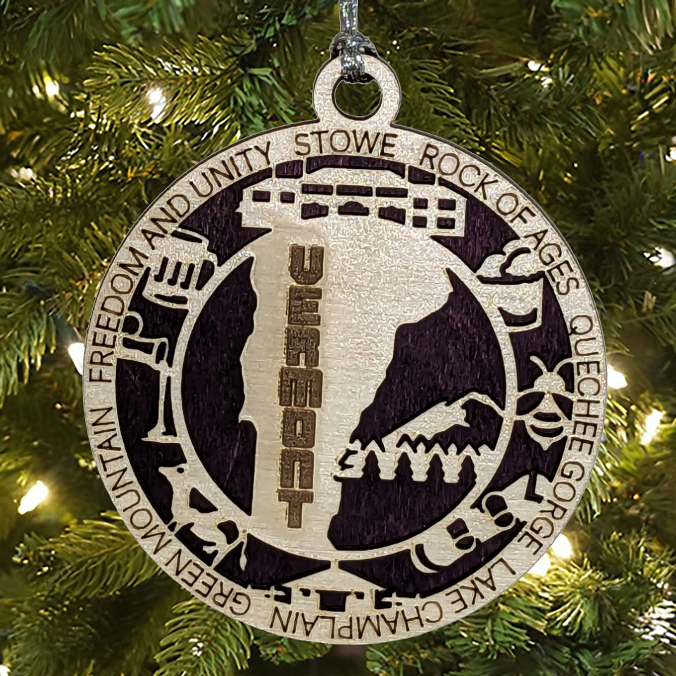 Vermont State Pride 3D Wood Laser Cut Ornament: Featuring Iconic Vermont Symbols and Custom Background Colors