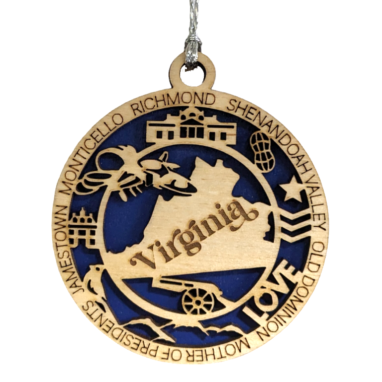 Virginia State Pride 3D Wood Laser Cut Ornament: Featuring Iconic Virginia Symbols and Custom Background Colors