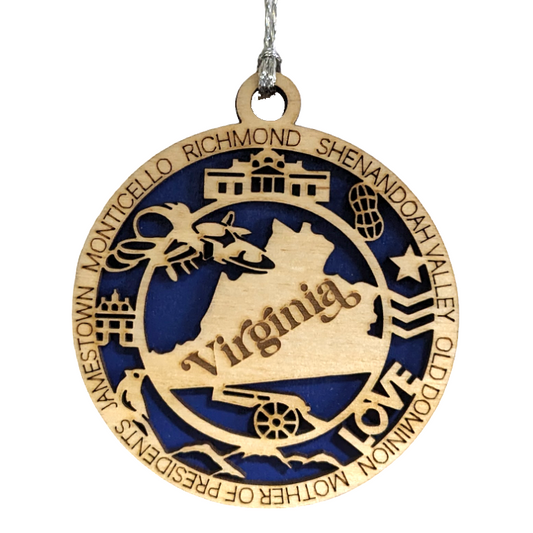 Virginia State Pride 3D Wood Laser Cut Ornament: Featuring Iconic Virginia Symbols and Custom Background Colors