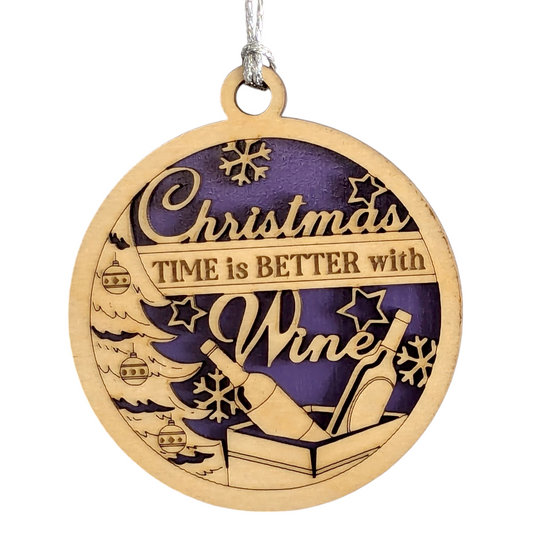 Handcrafted Wood Wine Christmas Ornament - 3" Laser Cut Tree Decoration, "Christmas time is better with wine"