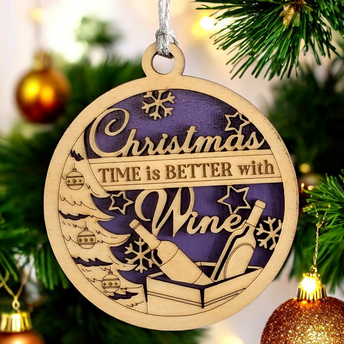 Handcrafted Wood Wine Christmas Ornament - 3" Laser Cut Tree Decoration, "Christmas time is better with wine"
