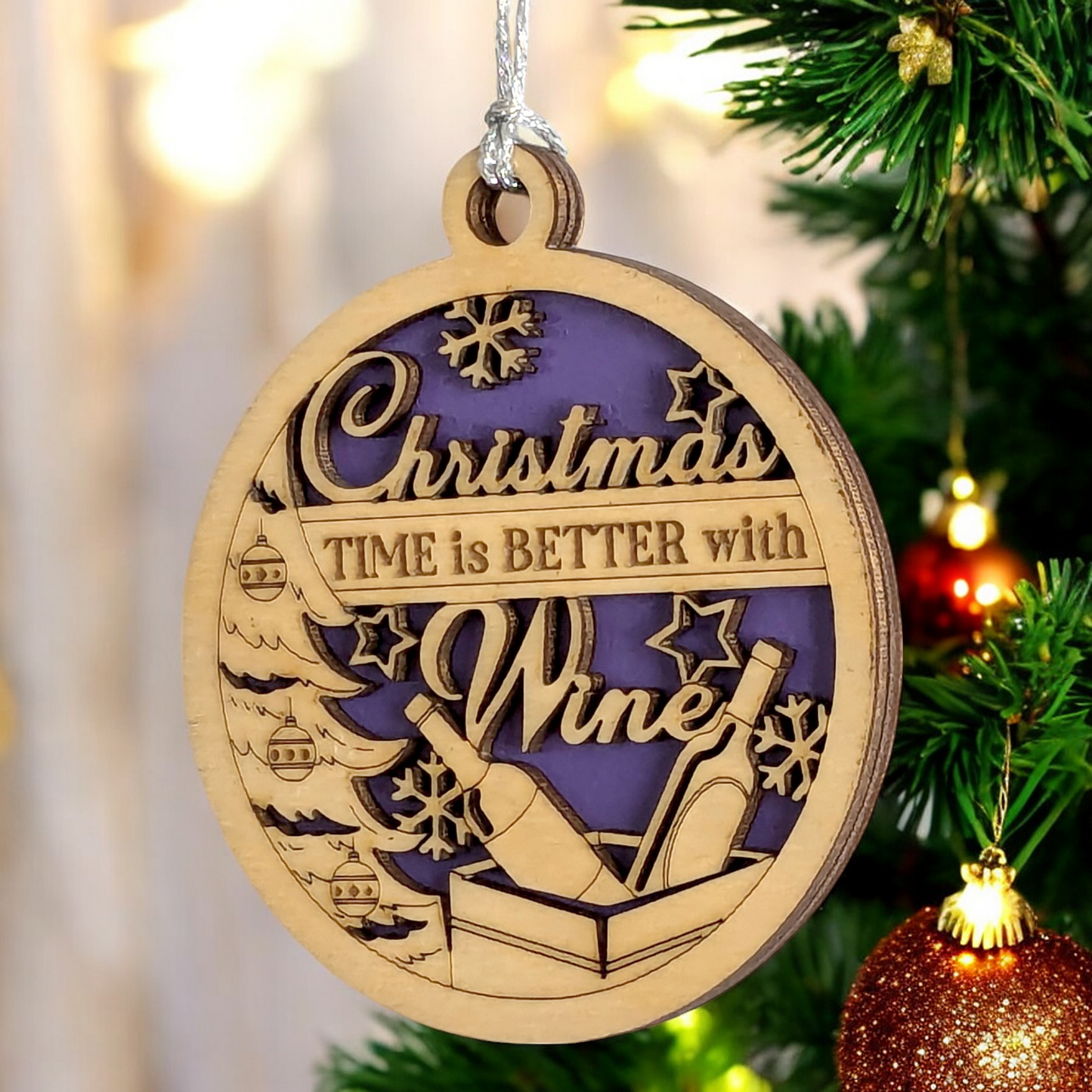 Handcrafted Wood Wine Christmas Ornament - 3" Laser Cut Tree Decoration, "Christmas time is better with wine"