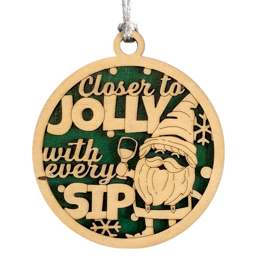 "Closer to Jolly" Wine Gnome Ornament - 3" Wood Christmas Decoration - Handmade USA Gift