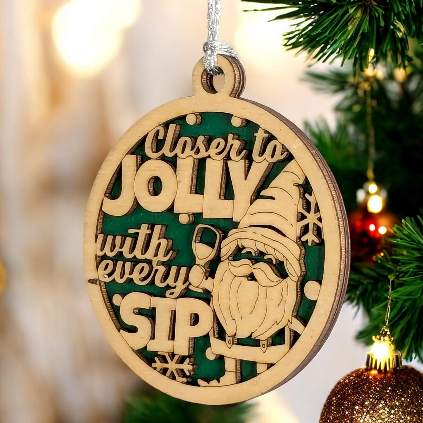 "Closer to Jolly" Wine Gnome Ornament - 3" Wood Christmas Decoration - Handmade USA Gift