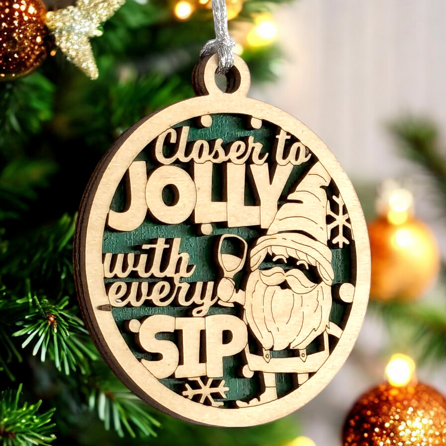 "Closer to Jolly" Wine Gnome Ornament - 3" Wood Christmas Decoration - Handmade USA Gift
