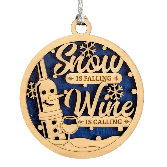 "Snow is Falling, Wine is Calling" - 3" Laser Cut Wood Christmas Ornament, Handmade Wine Bottle Snowman Decor