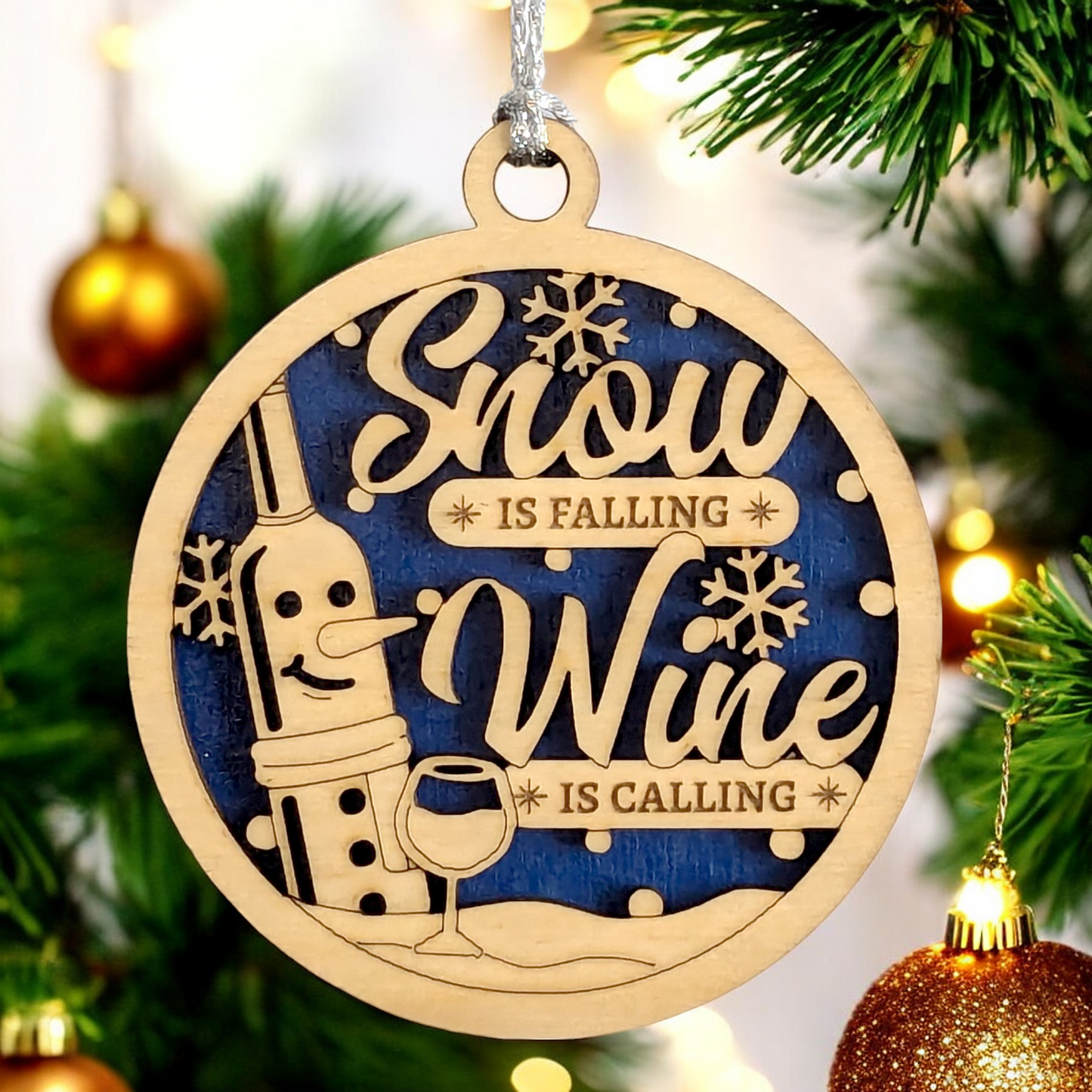"Snow is Falling, Wine is Calling" - 3" Laser Cut Wood Christmas Ornament, Handmade Wine Bottle Snowman Decor