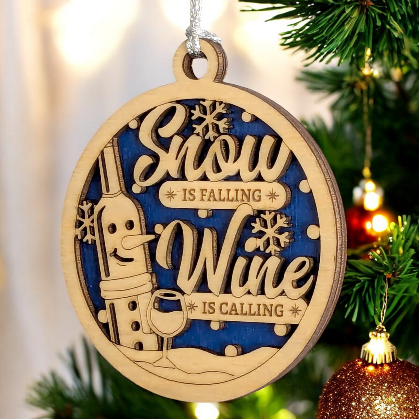 "Snow is Falling, Wine is Calling" - 3" Laser Cut Wood Christmas Ornament, Handmade Wine Bottle Snowman Decor
