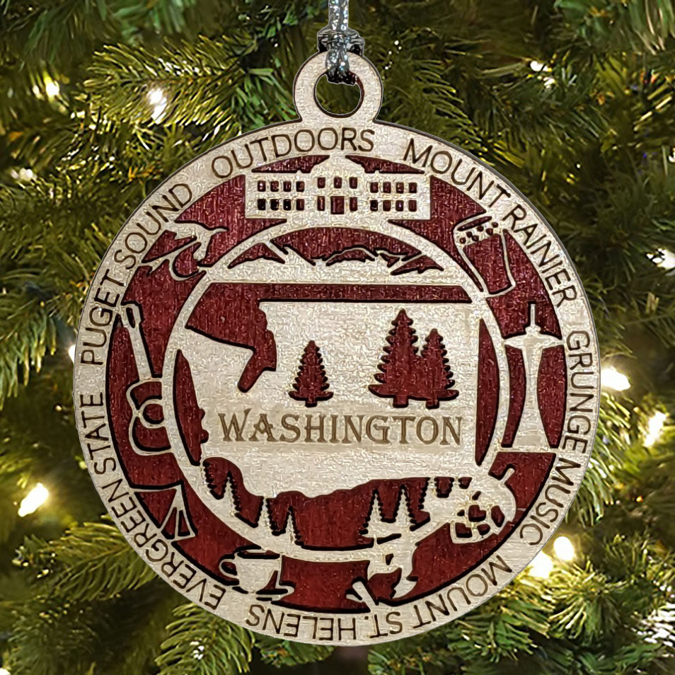 Washington State Pride 3D Wood Laser Cut Ornament: Featuring Iconic Washington Symbols and Custom Background Colors