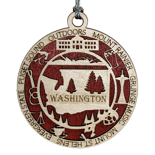 Washington State Pride 3D Wood Laser Cut Ornament: Featuring Iconic Washington Symbols and Custom Background Colors