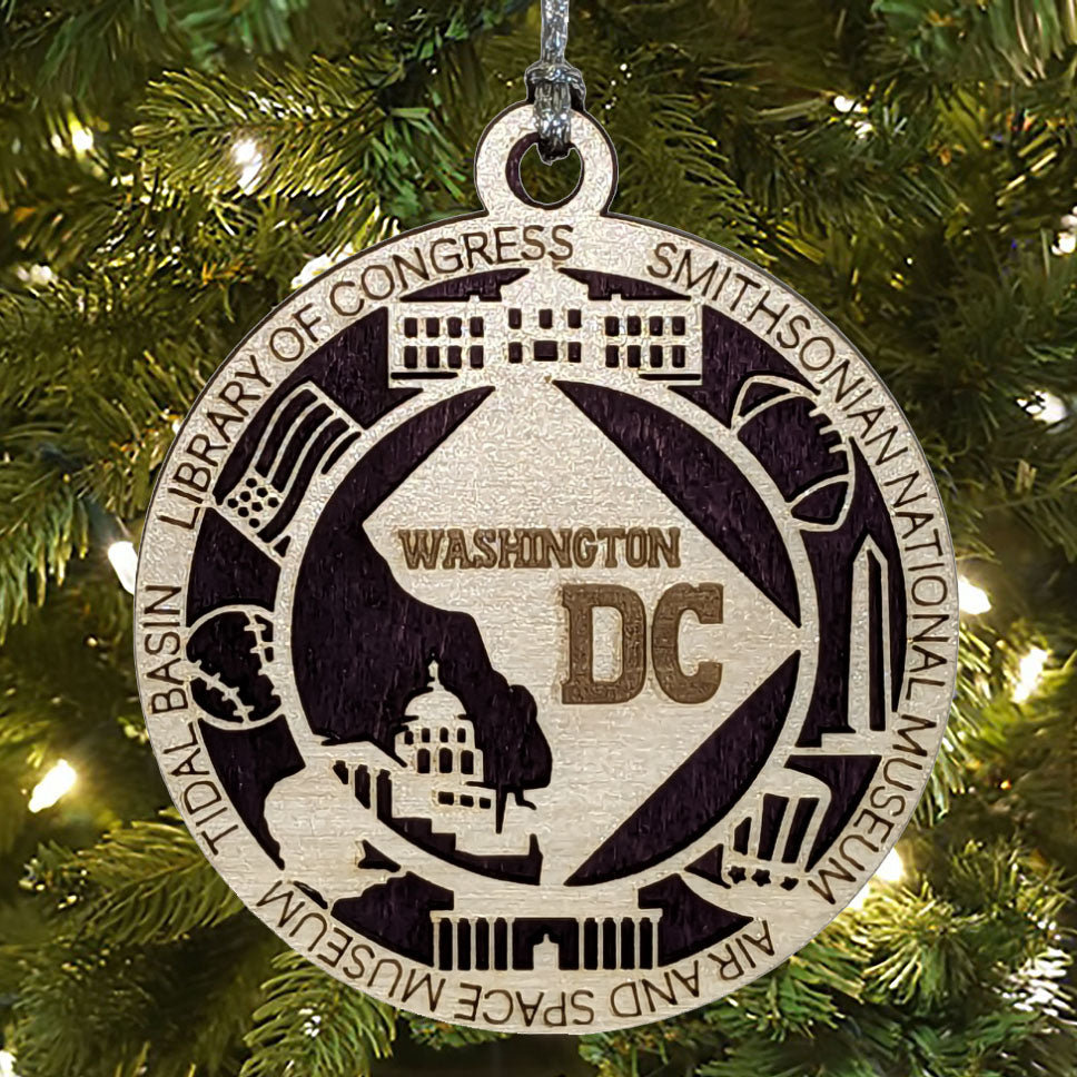 Washington DC Pride 3D Wood Laser Cut Ornament: Featuring Iconic Washington DC Symbols and Custom Background Colors
