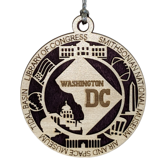 Washington DC Pride 3D Wood Laser Cut Ornament: Featuring Iconic Washington DC Symbols and Custom Background Colors