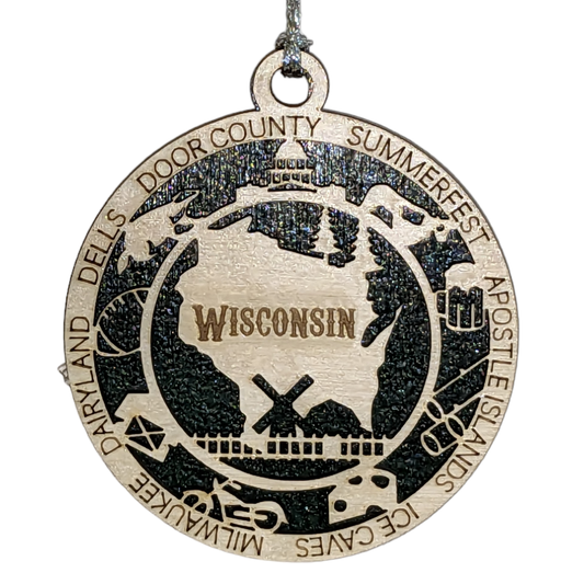 Wisconsin State Pride 3D Wood Laser Cut Ornament: Featuring Iconic Wisconsin Symbols and Custom Background Colors