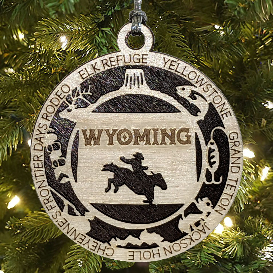Wyoming State Pride 3D Wood Laser Cut Ornament: Featuring Iconic Wyoming Symbols and Custom Background Colors
