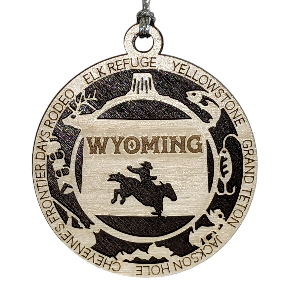 Wyoming State Pride 3D Wood Laser Cut Ornament: Featuring Iconic Wyoming Symbols and Custom Background Colors
