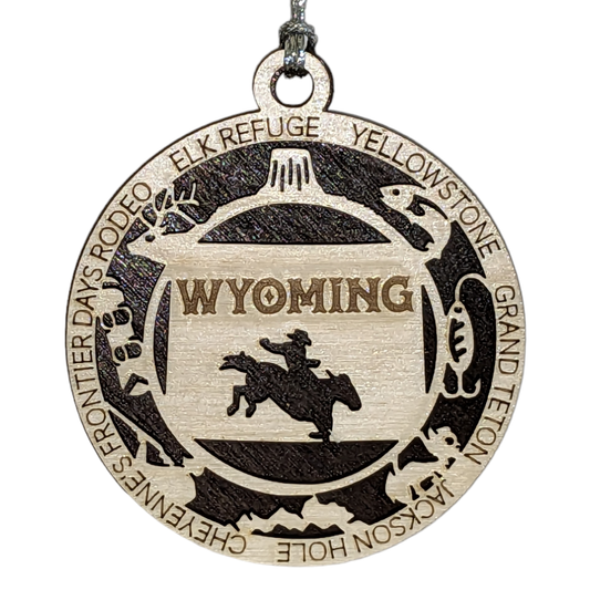 Wyoming State Pride 3D Wood Laser Cut Ornament: Featuring Iconic Wyoming Symbols and Custom Background Colors