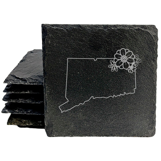 Rustic Slate Coasters Set of 4 - Laser Etched Connecticut Design with Flower - Perfect Gift for Holidays, Birthdays, Housewarming - 4" Round/Square - Made in Oregon, USA - Natural Chipped Edge