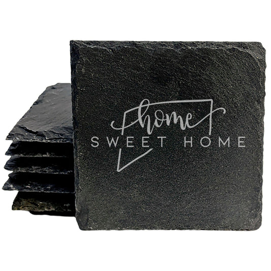 Rustic Slate Coasters Set of 4, Round 4" with 'Home Sweet Home' Connecticut Design, Perfect Gift for Holidays, Birthdays, Housewarming, She-Shed, Man Cave, Made in Oregon, USA, Natural Edge