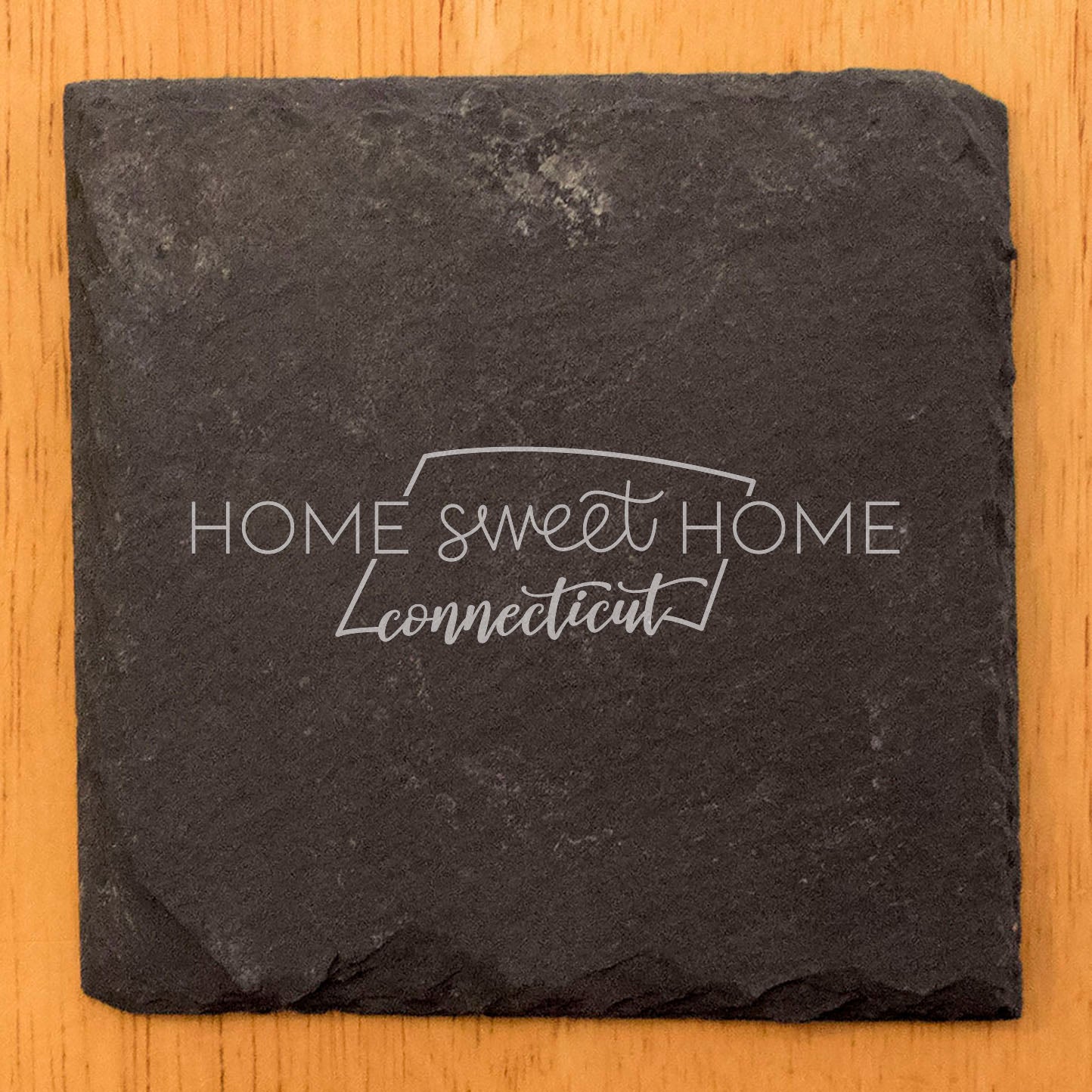 Rustic Slate Coasters Set of 4, Round 4" with 'Home Sweet Home' Connecticut Design, Perfect for Holidays, Birthdays, Housewarming Gifts, Made in Oregon, USA, Natural Chipped Edge, Rubber Feet