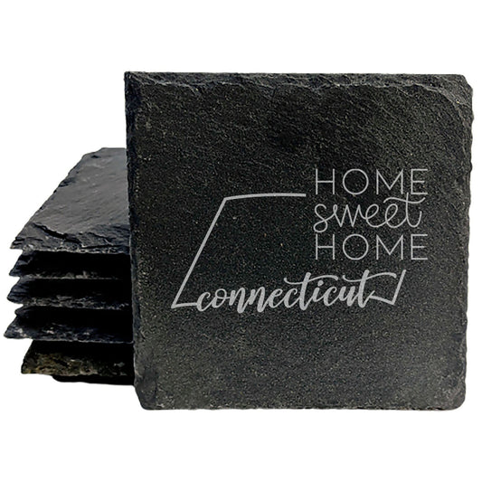 Rustic Slate Coasters Set of 4, Round 4" with Connecticut 'Home Sweet Home' Design, Perfect for Holidays, Birthdays, Housewarming Gifts, Made in Oregon, USA, Natural Chipped Edge, Rubber Feet