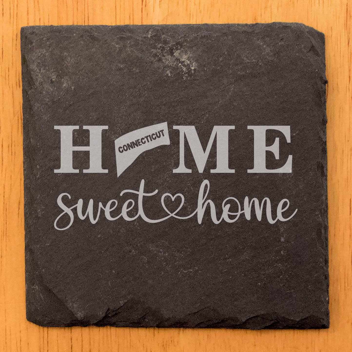 Rustic Slate Coasters Set of 4, Laser Etched 'HOME SWEET HOME' Design, Perfect Gift for Holidays, Birthdays, Housewarming, She-Shed, Man Cave, Made in Oregon, USA, 4" Round, Natural Chipped Edge