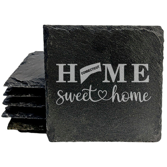Rustic Slate Coasters Set of 4, Laser Etched 'HOME SWEET HOME' Design, Perfect Gift for Holidays, Birthdays, Housewarming, She-Shed, Man Cave, Made in Oregon, USA, 4" Round, Natural Chipped Edge