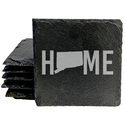 Rustic Slate Coasters Set of 4 - Laser Etched 'HOME' Design with Connecticut State - Perfect Gift for Holidays, Birthdays, Housewarming - 4" Round, Natural Chipped Edge, Made in Oregon, USA