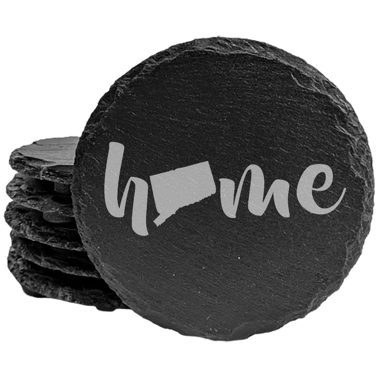 Rustic Slate Coasters Set of 4 - Laser Etched 'Home' Design with Connecticut State - Perfect Gift for Holidays, Birthdays, Housewarming - 4" Round/Square - Made in Oregon, USA - Natural Edge