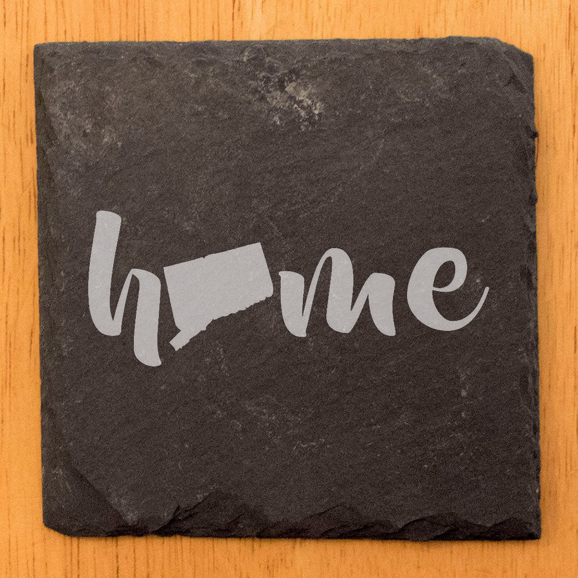 Rustic Slate Coasters Set of 4 - Laser Etched 'Home' Design with Connecticut State - Perfect Gift for Holidays, Birthdays, Housewarming - 4" Round/Square - Made in Oregon, USA - Natural Edge