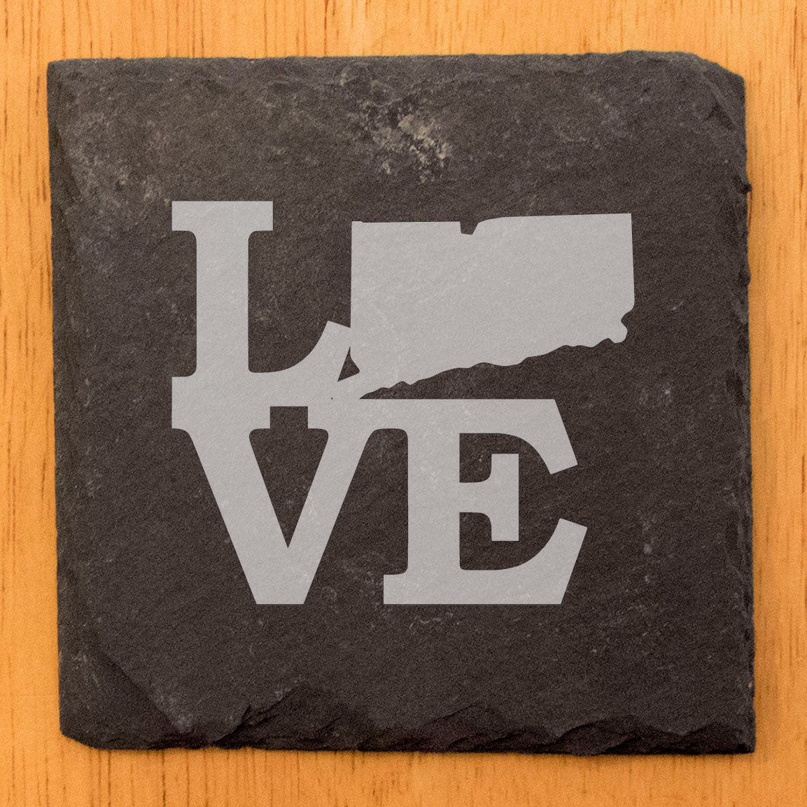 Rustic Slate Coasters Set of 4, Laser Etched 'LOVE' Design with Connecticut State, 4" Round, Natural Chipped Edge, Rubber Feet, , Perfect for Holidays, Birthdays, Housewarming