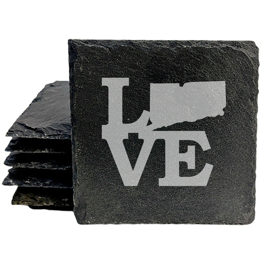 Rustic Slate Coasters Set of 4, Laser Etched 'LOVE' Design with Connecticut State, 4" Round, Natural Chipped Edge, Rubber Feet, , Perfect for Holidays, Birthdays, Housewarming