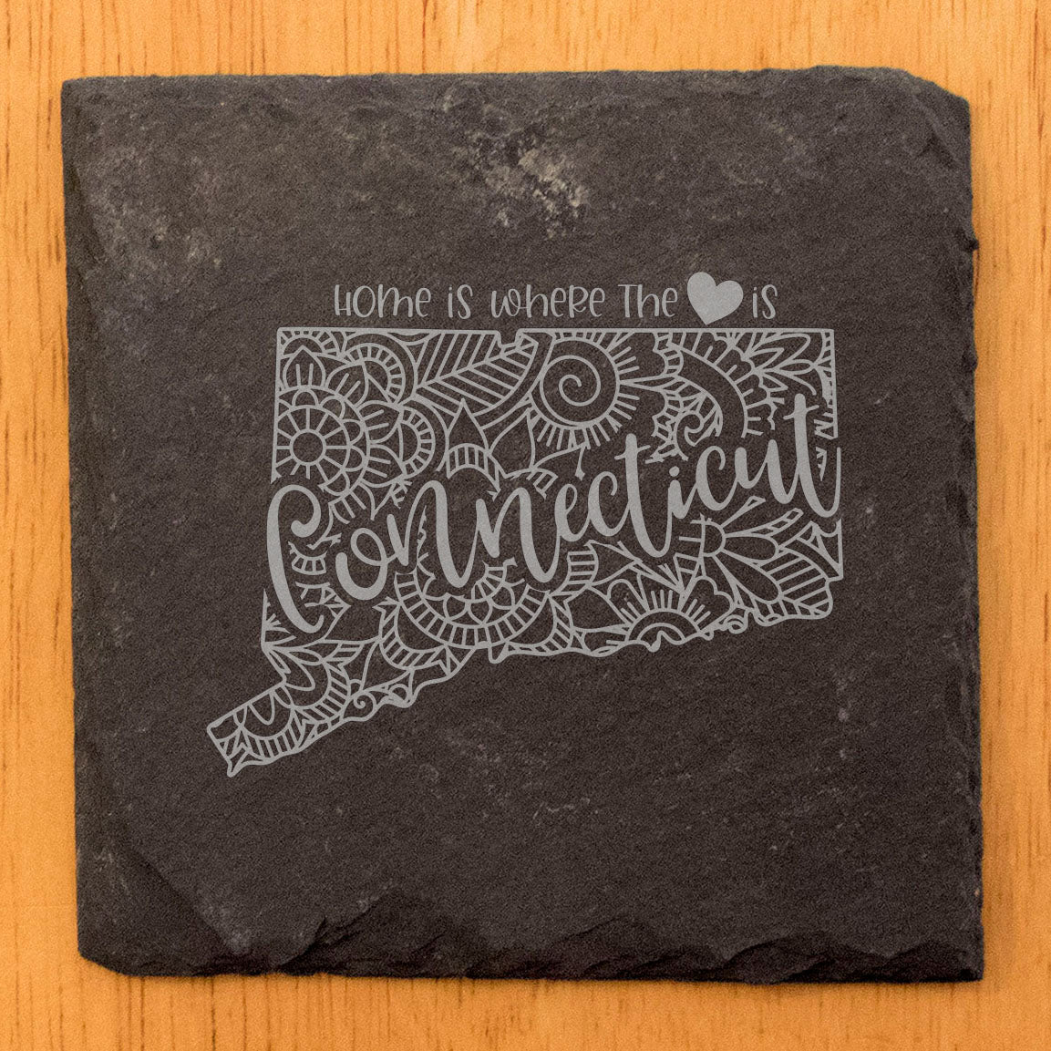 Rustic Slate Coasters Set of 4, Round 4" with Connecticut Mandala Design, 'Home is Where the Heart Is' Quote, Perfect Gift for Holidays, Birthdays, Housewarming, Made in Oregon, USA