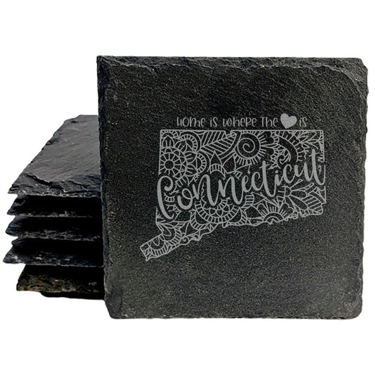 Rustic Slate Coasters Set of 4, Round 4" with Connecticut Mandala Design, 'Home is Where the Heart Is' Quote, Perfect Gift for Holidays, Birthdays, Housewarming, Made in Oregon, USA