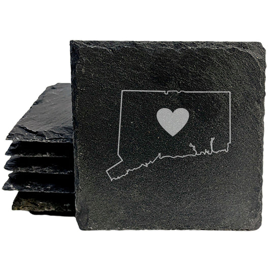 Rustic Slate Coasters Set of 4, Round 4" with Connecticut Heart Design, Laser Etched, Perfect for Holidays, Birthdays, Housewarming, She-Shed, Man Cave, Made in Oregon, USA,