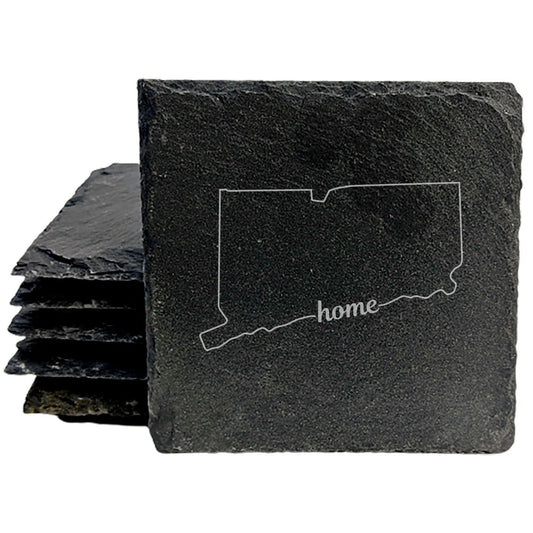 Rustic Slate Coasters Set of 4 - Round 4" with Connecticut 'Home' Design, Natural Chipped Edge, Rubber Feet,  - Perfect for Holidays, Birthdays, Housewarming - Made in Oregon, USA