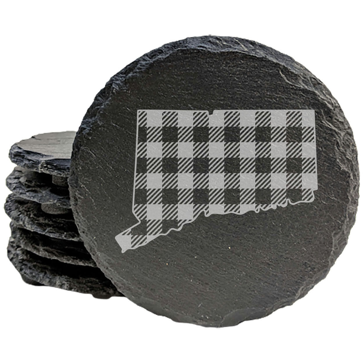 Rustic Slate Coasters Set of 4, Round 4" with Connecticut Plaid Design, Laser Etched, Perfect for Holidays, Birthdays, Housewarming, She-Shed, Man Cave, Made in Oregon, USA,