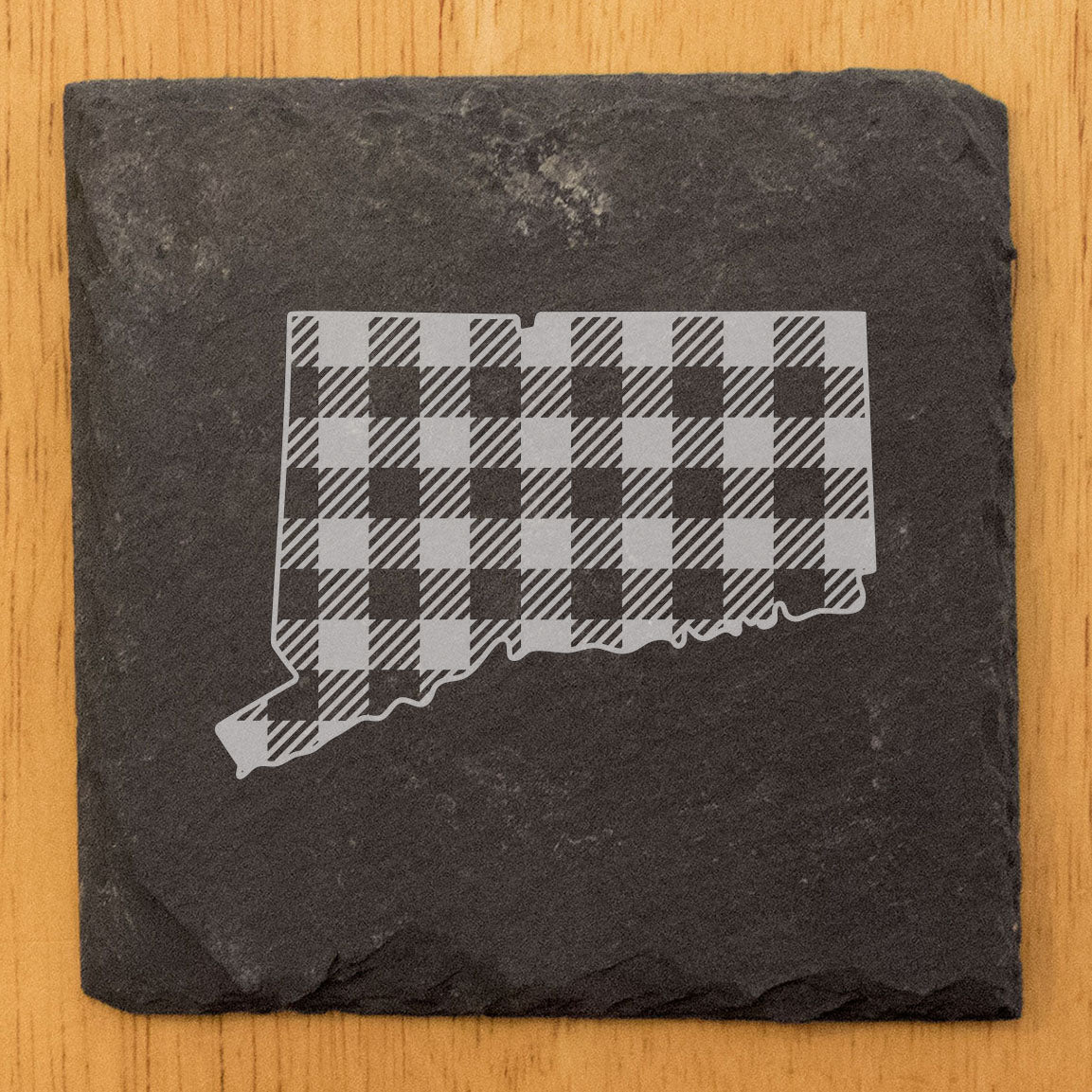 Rustic Slate Coasters Set of 4, Round 4" with Connecticut Plaid Design, Laser Etched, Perfect for Holidays, Birthdays, Housewarming, She-Shed, Man Cave, Made in Oregon, USA,